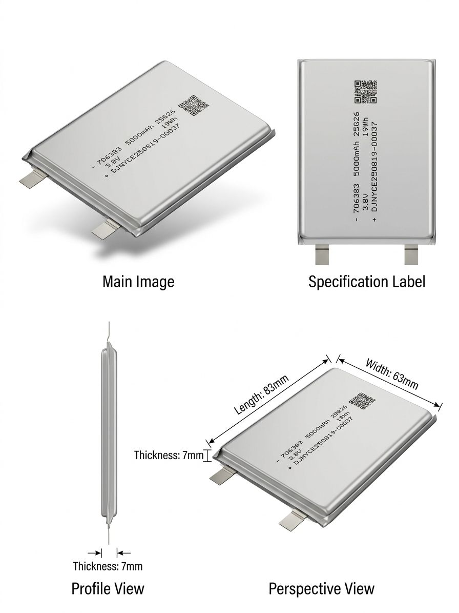 3.8V 5000mAh 706383 Rechargeable Lithium Ion Battery Pack, High Capacity Li-Po Cell for Consumer Electronics